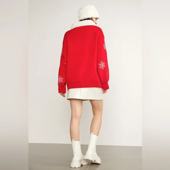J.ING Jing Red Pullover Oversize Christmas Sweater w/ White Collar One Size NWT - Picture 2 of 10